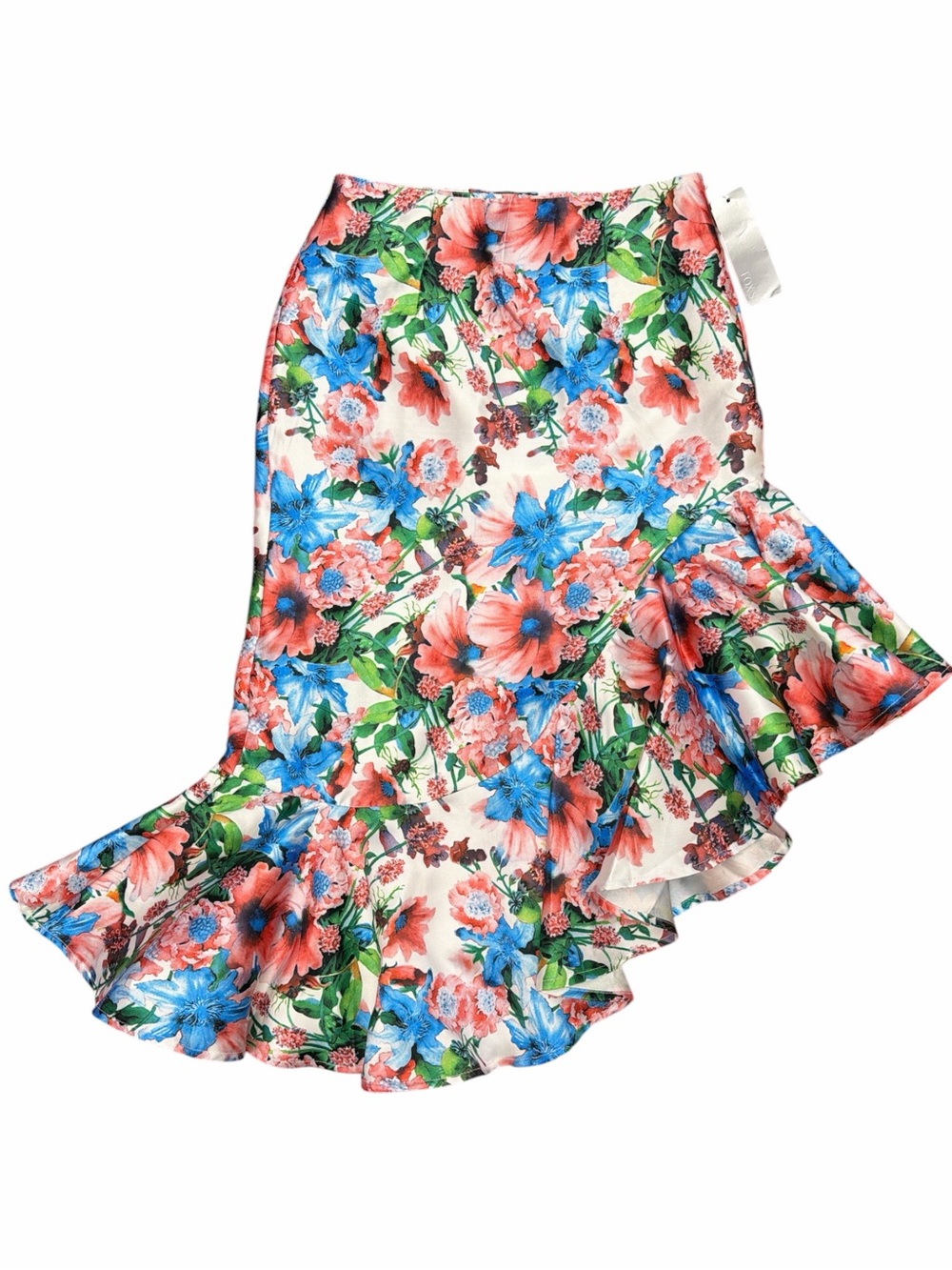 INA Floral Faux Wrap Asymmetrical Ruffle Midi Skirt hidden Side Zip Small
